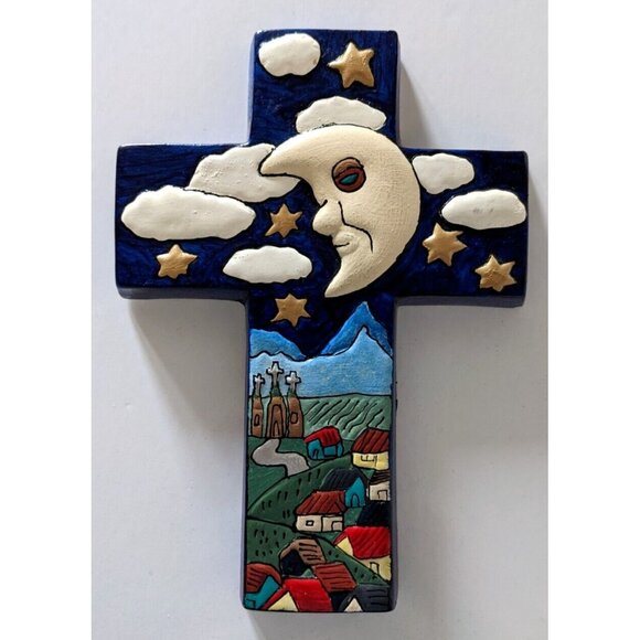 Vintage Folk Art Pottery Cross Blue Hand Made Hand Painted Wall Hanging 9"* 6.5" - Picture 1 of 4